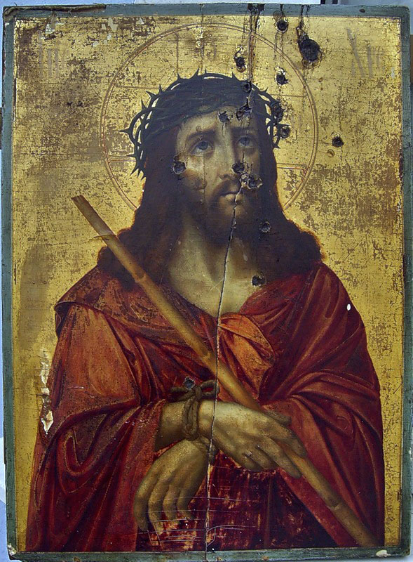 икона Спасителя со следами от дроби